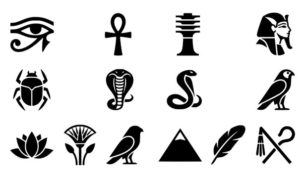 Modern abstract generic Ancient Egyptian hieroglyph symbol vector clipart set with minimalist clean outline unbranded history brand Ankh Eye of Horus monogram and cosmic pharaoh logo graphics black an