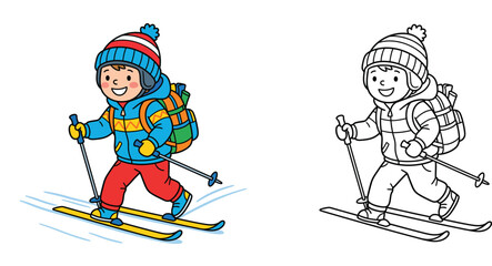 Fototapeta premium Cute Boy Skiing with Backpack Winter Sport