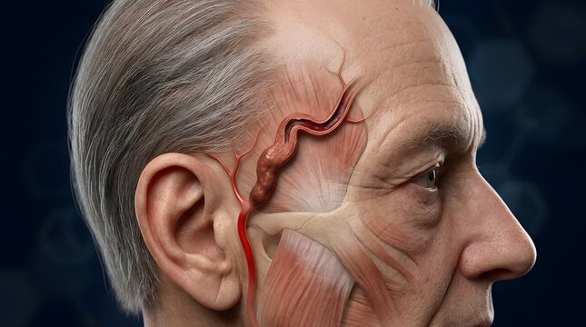 Anatomy profile of senior man showing inflamed temporal artery and facial muscle structure.