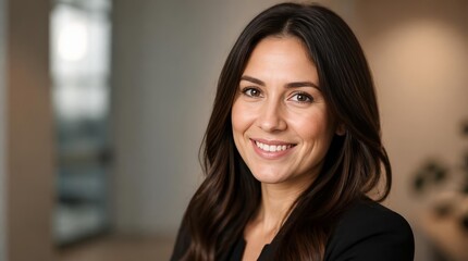 Fototapeta premium Confident Professional Woman Smiling in a Modern Office Setting