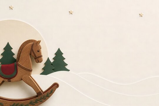 Vintage rocking horse Christmas card background, nostalgic wooden toy with pine trees, elegant holiday greeting card with copy space