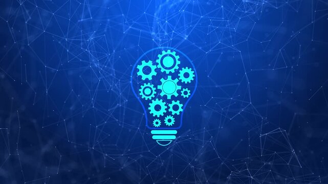 Creative thinking technology visual lightbulb outline, mechanical gears, and connected blue polygon network. innovation videos, business presentations, automation content, and educational overlays.
