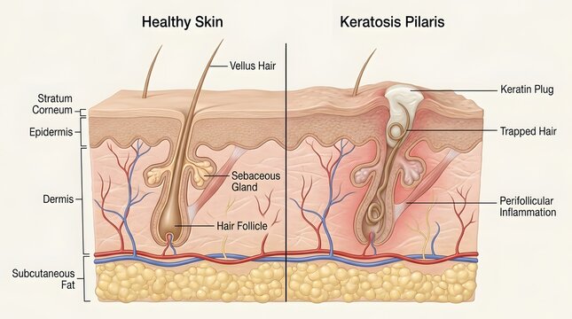 Medical illustration comparing cross sections of healthy skin versus keratosis pilaris.
