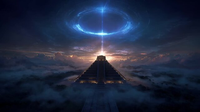 Maya Aztec civilization, Mexico culture. Mysterious, fantasy. A vivid digital artwork depicts a majestic pyramid, likely a Mayan or Aztec monument, set against a dramatic sky.