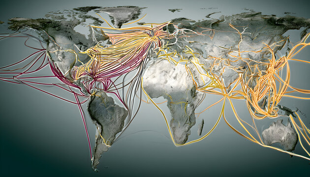 A world map illustrating various trade routes across continents.