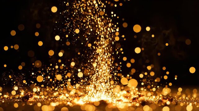Golden sparks and glowing particles explosion on black background