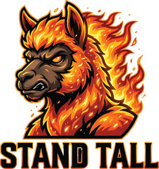 Fototapeta premium A powerful illustration featuring an intense llama head engulfed in bright flames with a bold motivational text message for strength and resilience