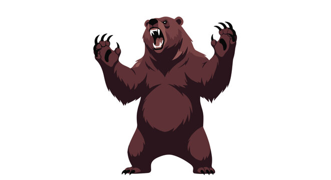 Massive brown grizzly bear stands up on its hind legs with an angry expression and its mouth open in a roar against a white background.
