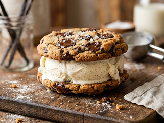 Fototapeta premium Gourmet ice cream sandwich with chocolate chips. Delicious vanilla dessert on wooden board.