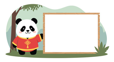 Naklejka premium Cute panda character wearing red traditional Chinese clothes standing next to a large blank wooden sign board.