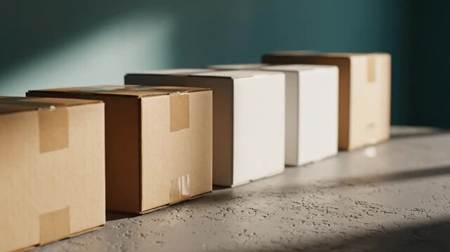 Cardboard boxes lined up on a textured surface under natural light showing different sizes and textures for shipping and storage