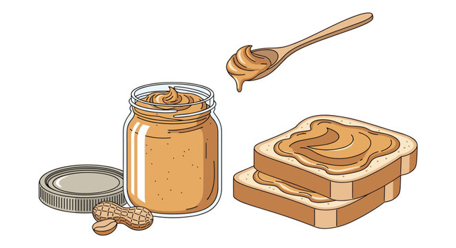 Glass jar of creamy peanut butter with a wooden spoon and two slices of toast bread with nut spread on top.
