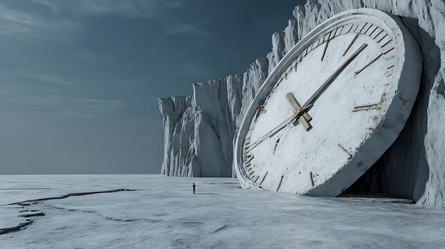 Large white clock face with black roman numerals and hands partially buried in snow with a person standing