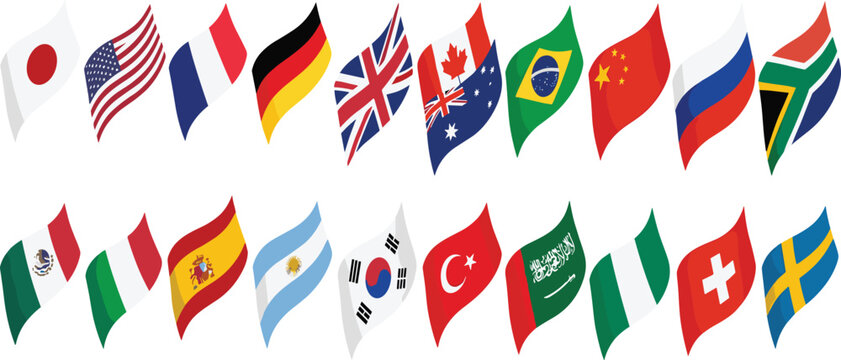 Waving World Flags Vector Icon Set with Twenty Major Country Emblems Including USA, UK, Germany, and France for International Designs