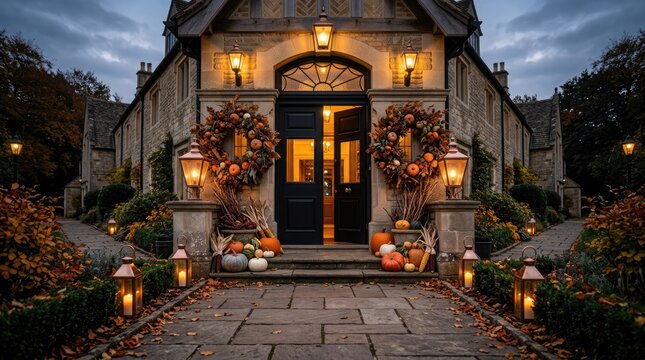 Spectacular happy halloween stone mansion entrance with pumpkins wreaths and lanterns for festive fall decor