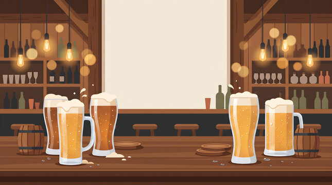 Vector illustration of fresh cold beer mugs on a rustic pub table background