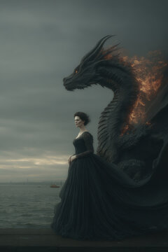 Fantasy wallpaper. A fantasythemed digital artwork depicts a woman in a long, flowing black gown standing beside a large, fiery dragon. The womans profile is turned slightly to the side.