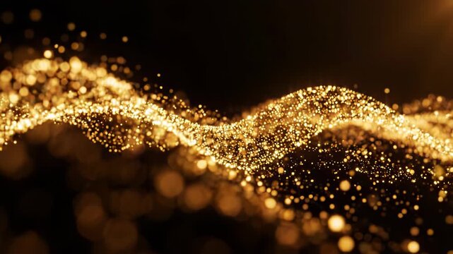 Golden wave of glowing particles and bokeh light on black background