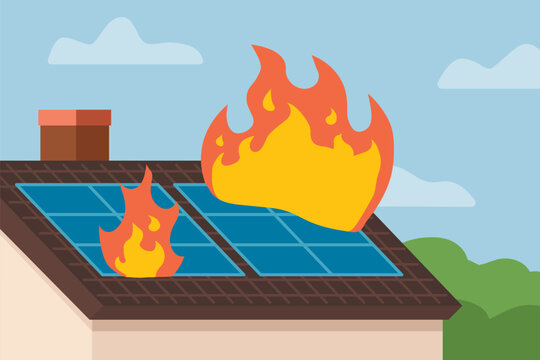 burning solar panels on the roof of house, rooftop photovoltaic system on fire, renewable energy safety hazard - vector illustration
