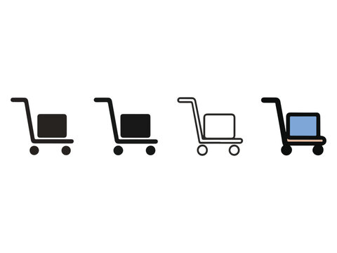 Set of shopping carts with different items including electronics and boxes isolated on transparent background