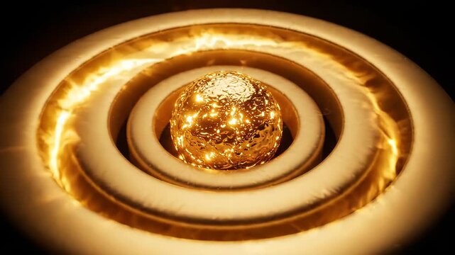 Abstract golden sphere with glowing liquid texture inside concentric rings
