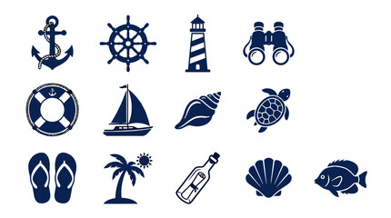 Icon set of nautical symbols in navy blue style for summer themes   © Irina