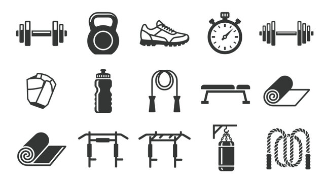 Icon set of gym fitness workout equipment and accessories  