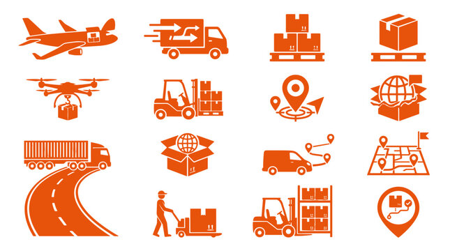 Icon Set of Transportation and Logistics Symbols in Orange Color  