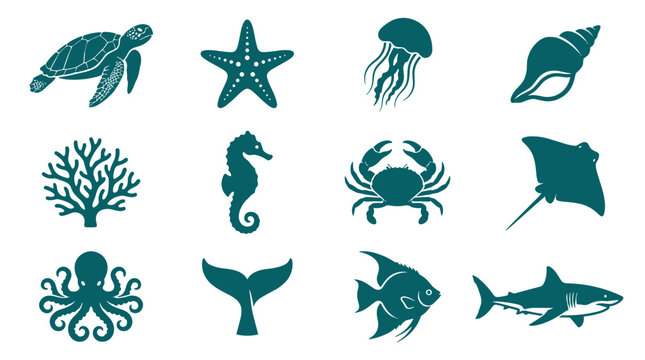 Ocean-themed icon set featuring marine animals and coral designs  