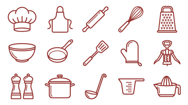 Icon Set of Kitchen Utensils and Cooking Tools in Red Outline  