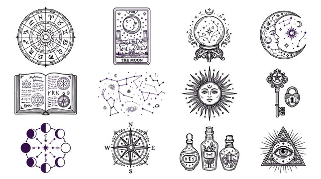 Icon set with mystical symbols, astrology charts, and celestial designs  