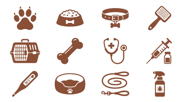 Pet care icon set with various accessories and tools for animals  