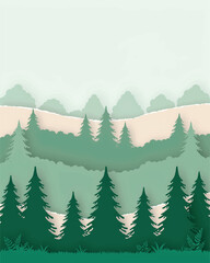 Fototapeta premium Layered coniferous forest landscape with tall pine trees and hilly terrain.