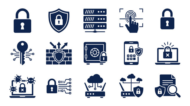 Icon set of security symbols including locks, keys, and devices  