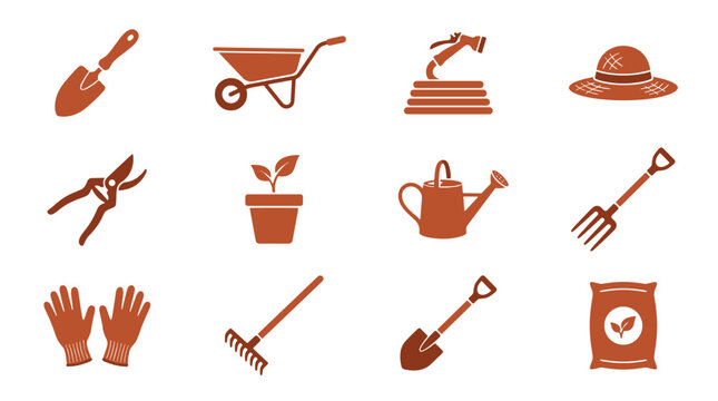 Gardening tools and icons in minimalist style with earthy colors  