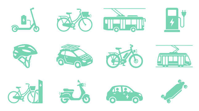 Green urban mobility icon set with electric vehicles and bicycles  