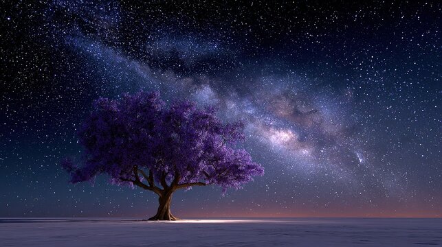 Cosmic Serenity: A solitary, vibrant purple tree stands majestically under a breathtaking night sky filled with a sprawling galaxy and countless stars.
