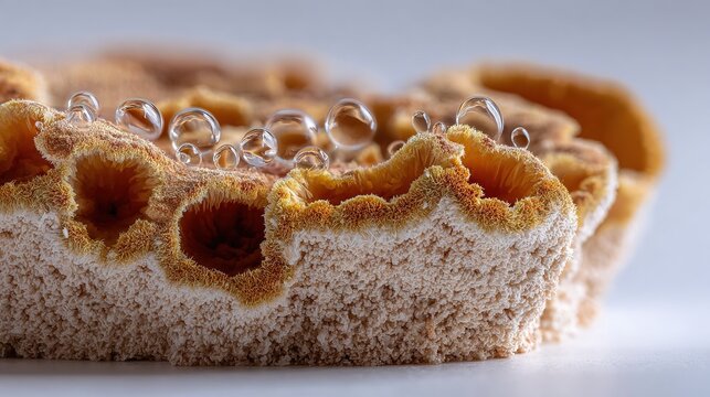 Macro View of Water Droplets on a Porous Material: A detailed close-up showcases the intricate texture of a porous material, possibly a sponge or filter, adorned with numerous small water droplets.