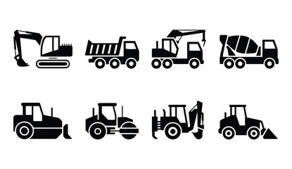 Construction vehicle icon set, heavy industrial transport silhouettes, excavator bulldozer crane dump truck machinery ©   