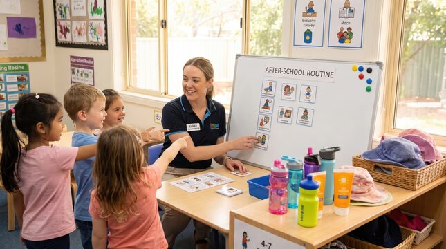 Teacher Guiding Children in Classroom Summer Childcare, Camps & Activity Schedules