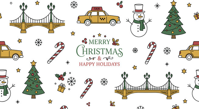 Seamless New York Christmas Pattern Vector Design with Yellow Cab, Suspension Bridge, Snowman, and Festive Holiday Typography Elements