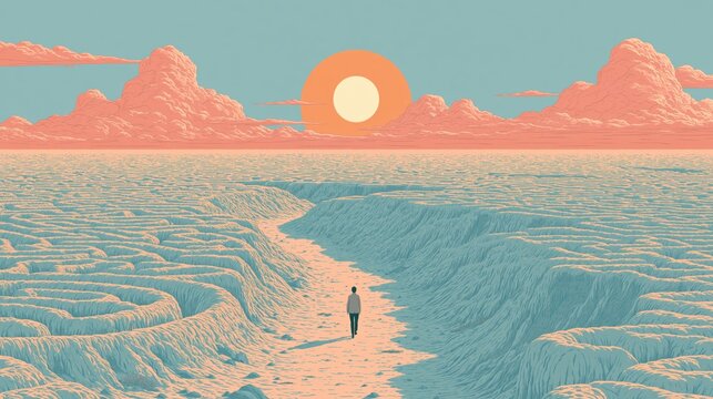 Lone figure walking a narrow path through a vast pale blue canyon under a coral sky