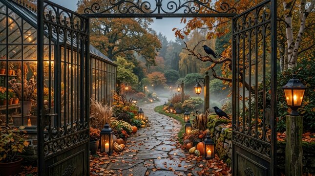 Enchanting happy halloween garden path spooky autumn scene with lanterns and ravens for festive decor