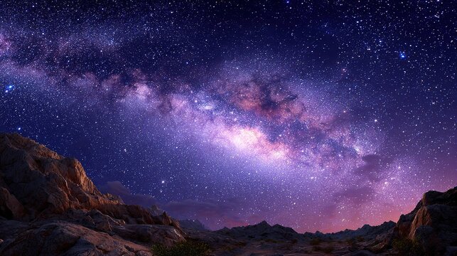 Milky Way Over Desert Landscape: A breathtaking view of the Milky Way galaxy arches across a deep purple night sky.