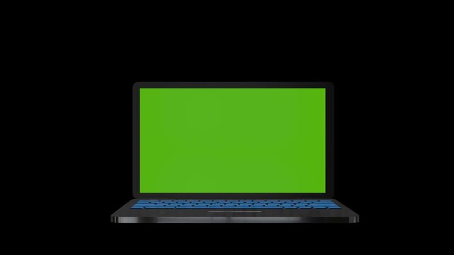 Computer chroma display visual with laptop keyboard, green blank screen, and isolated dark studio layout. Perfect for editing videos, app tutorials, website promos, media demos, and motion overlays.