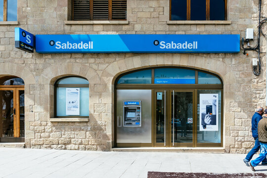 Barcelona, Spain-July 21, 2026. Sabadell bank branch exterior with atm