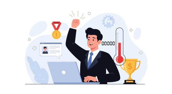 Businessman celebrating success with laptop, trophy, medal, and thermometer indicating high achievement.