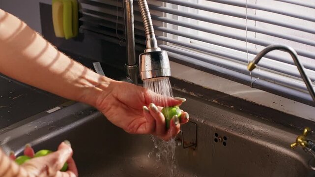 Woman Rinses Individual Green Lime beneath Running Kitchen Faucet in Slow Motion, Fresh Ingredient Cleaning and Healthy Eating