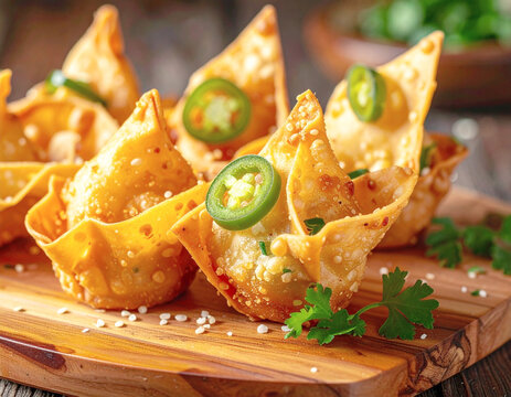 Jalape&ntilde;o popper wonton cups, deep fried, wooden board AI