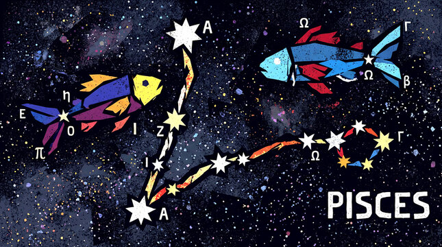 Pisces zodiac constellation Graphic poster style illustration